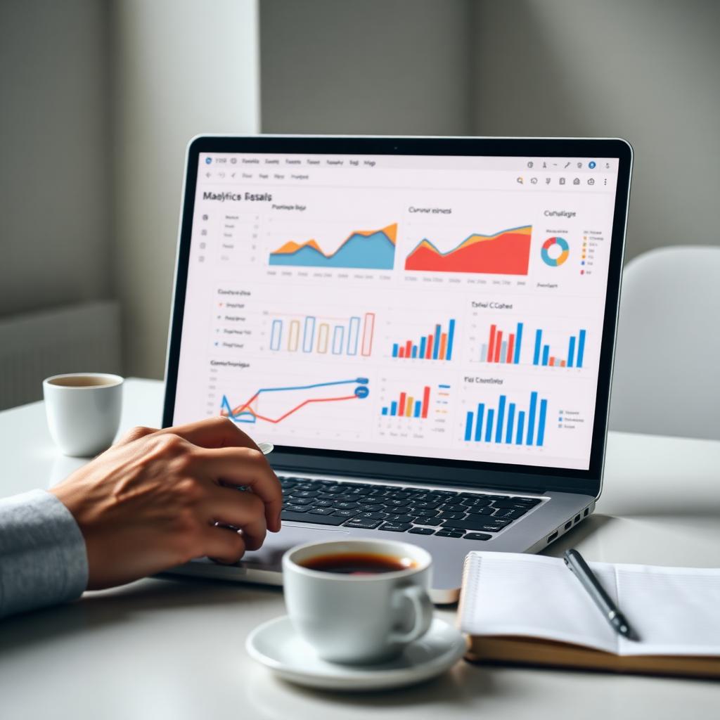Notebook exibindo dashboards de performance e funil de conversão, com mão de profissional analisando os dados.