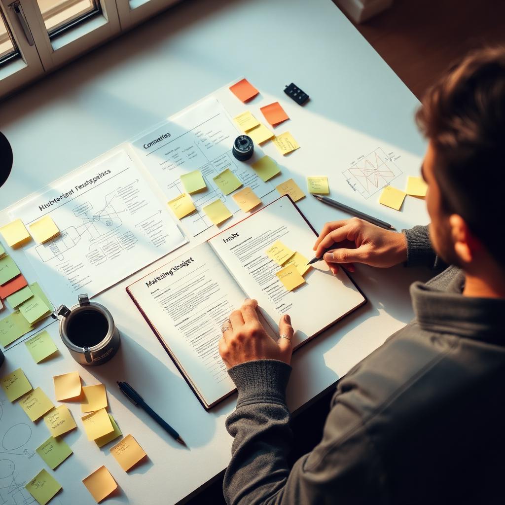 Estrategista de marketing organizando mapas mentais e anotações sobre uma mesa clara.